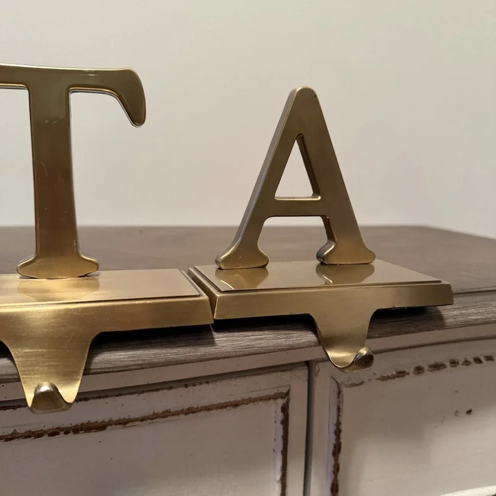 Vintage Gold Brass Letters SANTA Mantel Hook Stocking‎ Holder Hanger 5 pc Set